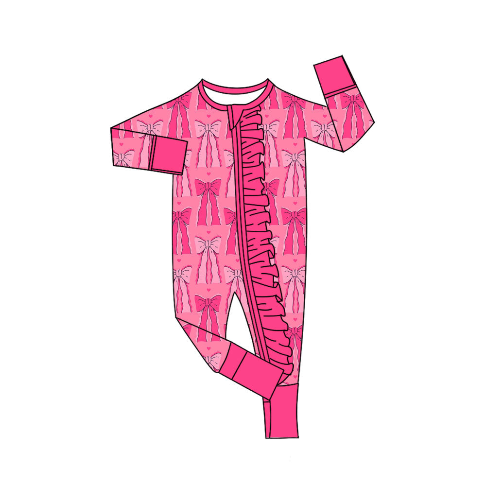 Preorder (moq 5)Baby Girls Pink Hearts Bows Valentine Ruffle Zipper Footie Rompers