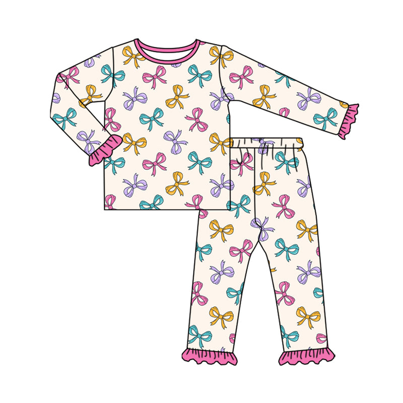 Preorder (moq 5)Baby Girls Colorful Bows Plaid Top Ruffle Pant Pajamas Set