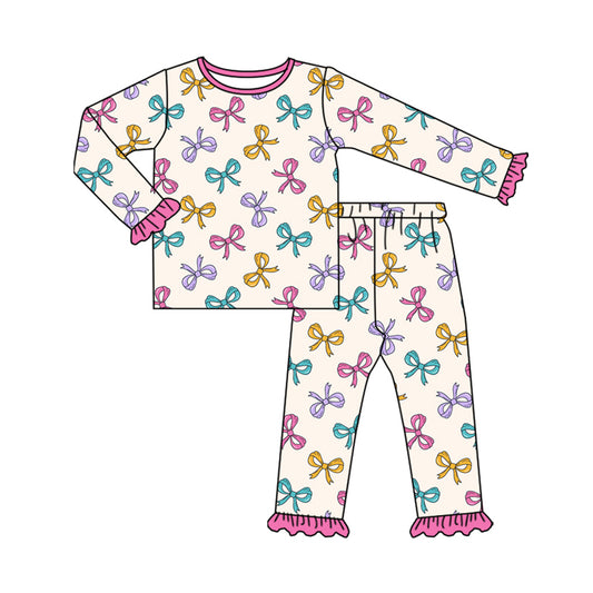 Preorder (moq 5)Baby Girls Colorful Bows Plaid Top Ruffle Pant Pajamas Set