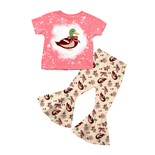 Preorder (moq 5)Baby Girls Pink Short Sleeves Duck Flowers Top Khaki Bell Bottom Pant Set
