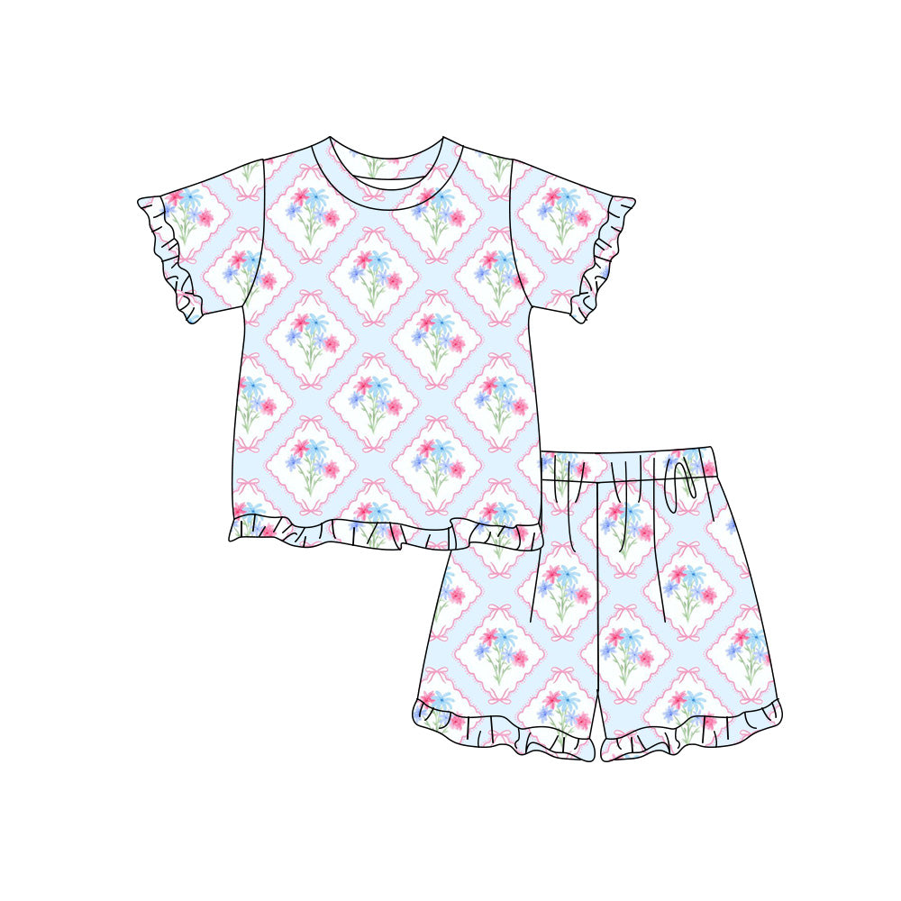 Preorder (moq 5)Baby Girls Short Sleeve Bows Flowers Top Ruffle Short Clothes Sets