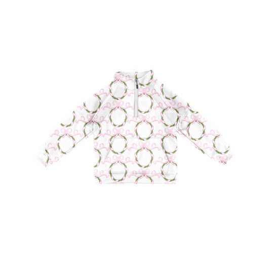 Preorder (moq 5)Baby Girls Long Sleeves Pink Bows Garland Pocket Zipper Pullovers Top