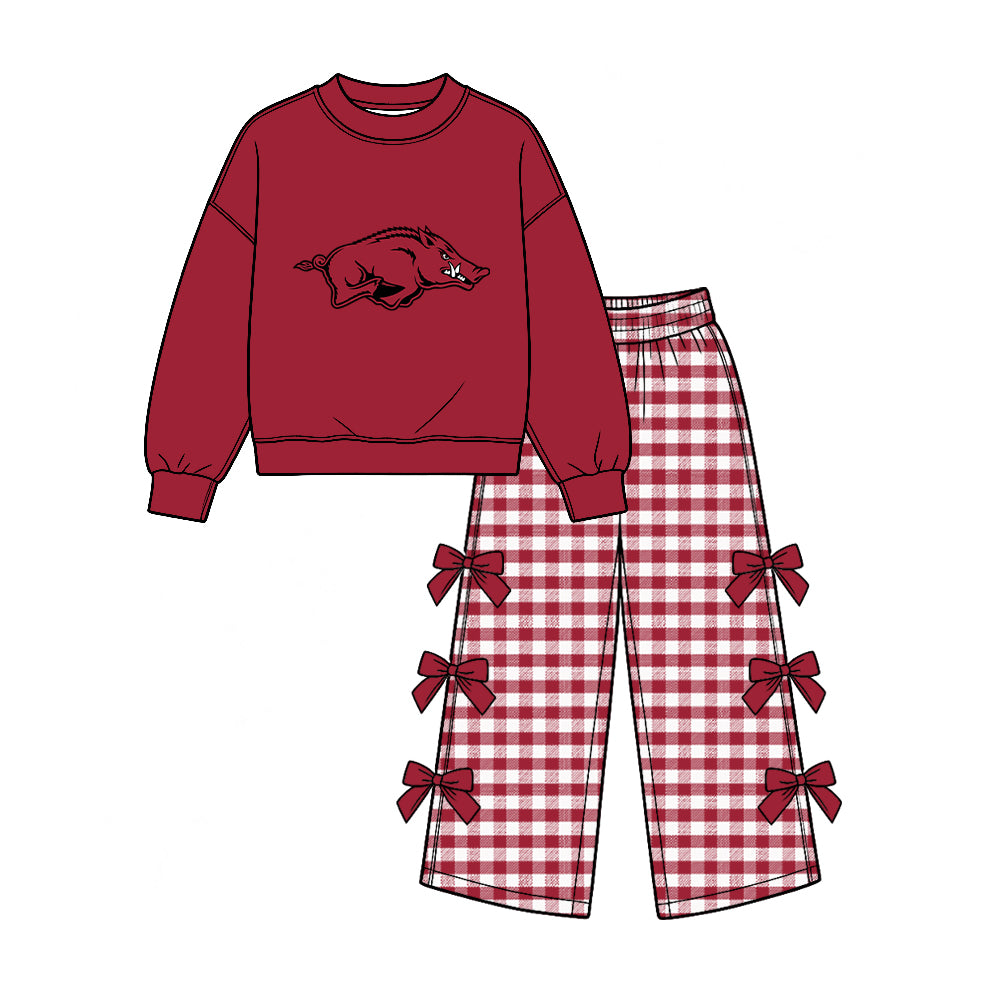 Preorder (moq 5) Baby Girl Clothes Arkansas Razorbacks Wild Boar Graphic Long Sleeve Top Gingham Bow Wide Leg Pant Outfit Set