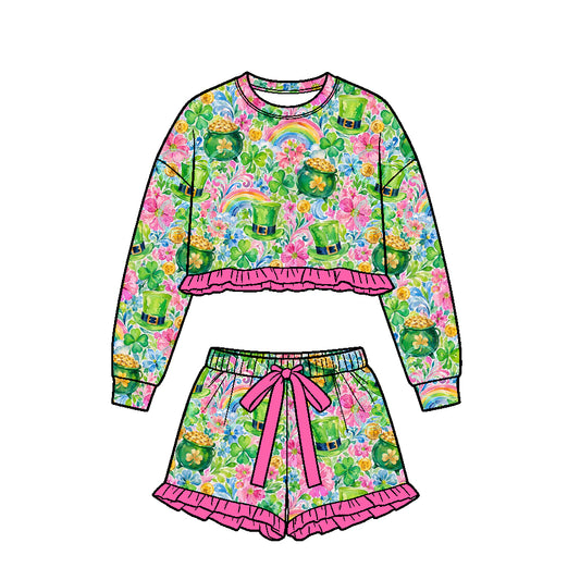 Preorder (moq5) Baby Girl Clothes St Patrick’s Day Watercolor Gold Pot Rainbow Clover Print Long Sleeve Cropped Ruffle Top Pink Ruffle Short Set