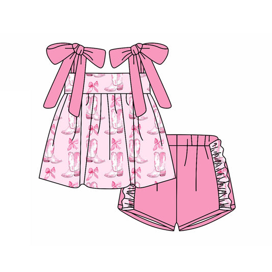 Preorder (moq 5)Baby Girls Pink Strap Boots Bows Tunic Ruffle Shorts Clothes Sets