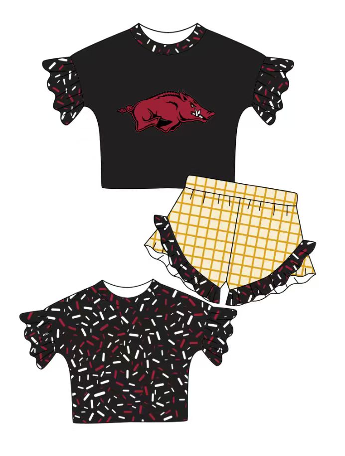 Preorder (moq 5)Baby Girls Black Sprinkles Bulls Top Checked Ruffle Shorts Team Clothes Set