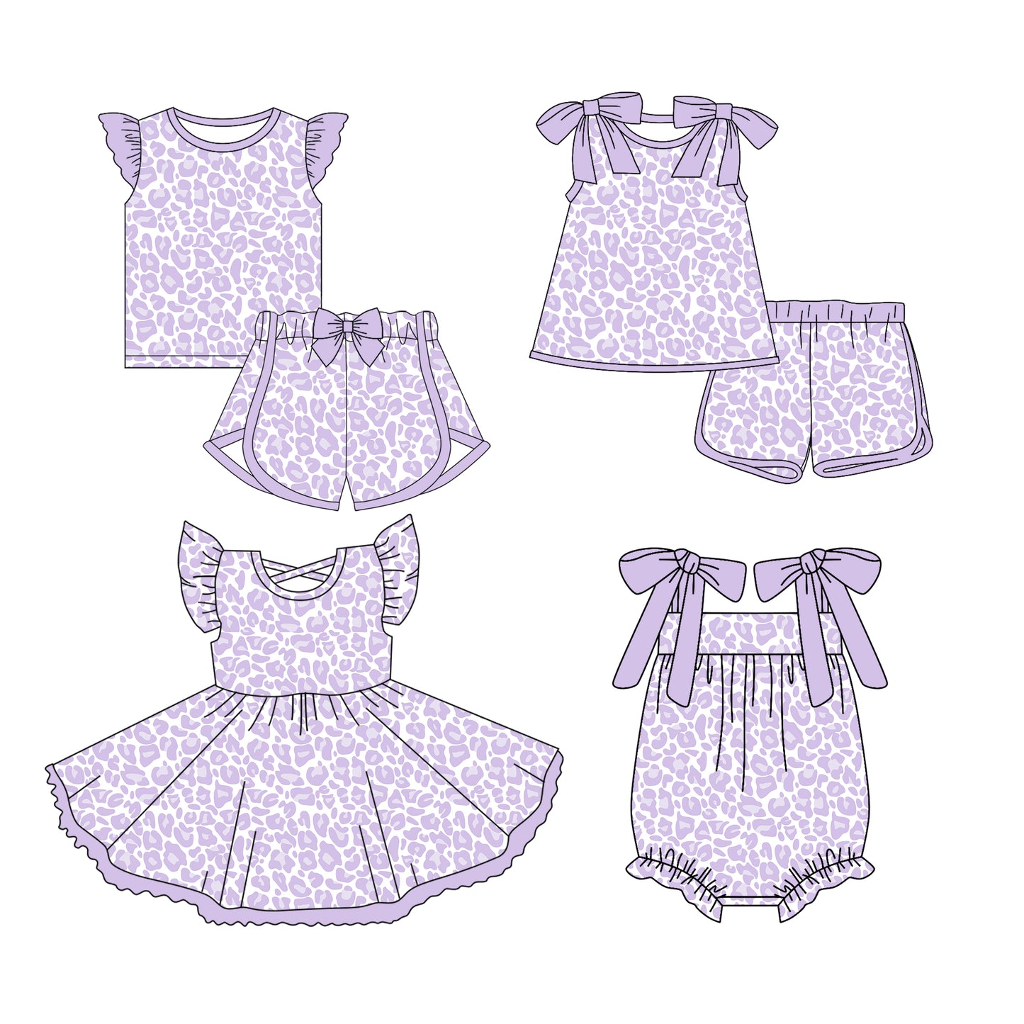 Preorder moq 5 Custom Baby Girls Lavender Leopard Top Short Sets Knee Length Dress Ruffle Rompers
