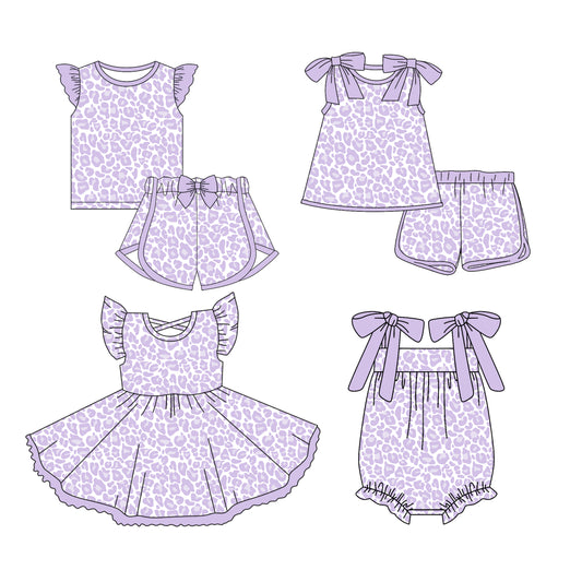 Preorder moq 5 Custom Baby Girls Lavender Leopard Top Short Sets Knee Length Dress Ruffle Rompers