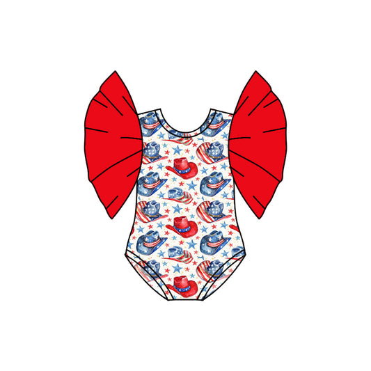 Preorder(moq 5)Baby Infant Girls 4th Of July Western Hats Flutter Sleeve Rompers