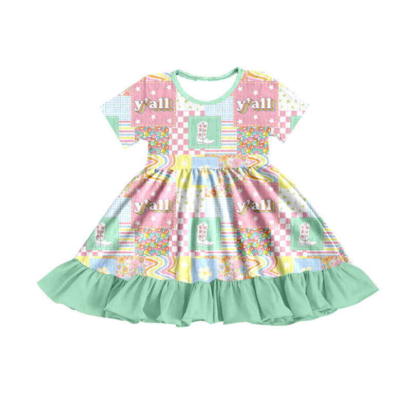 Baby Girls Y'all Pink Western Patchwork Summer Ruffle Knee Length Dresses preorder(moq 5)