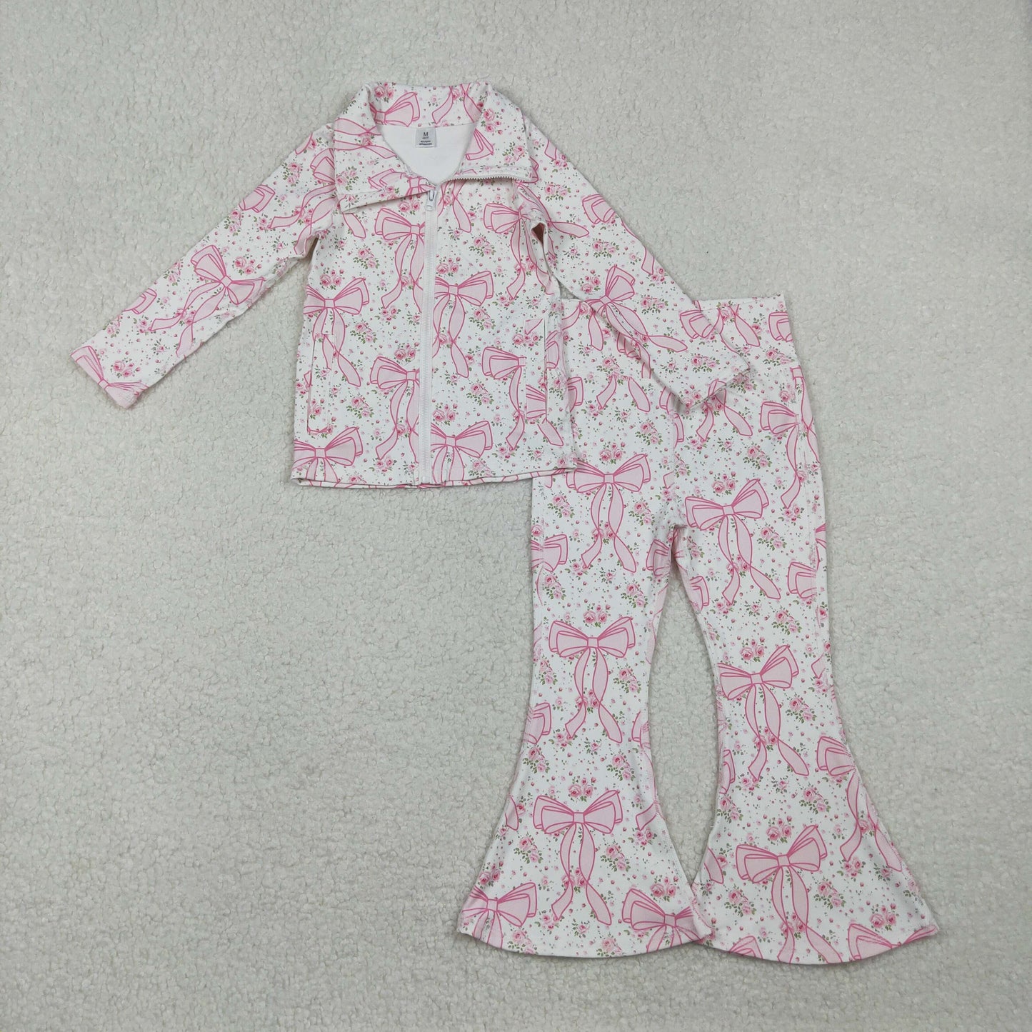 Baby Girls Pink Floral Bows Pockets Zipper Top Bell Bottom Pant Yoga Set