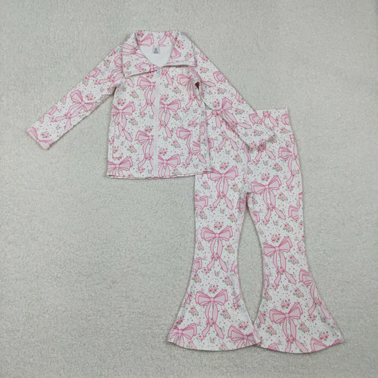Baby Girls Pink Floral Bows Pockets Zipper Top Bell Bottom Pant Yoga Set