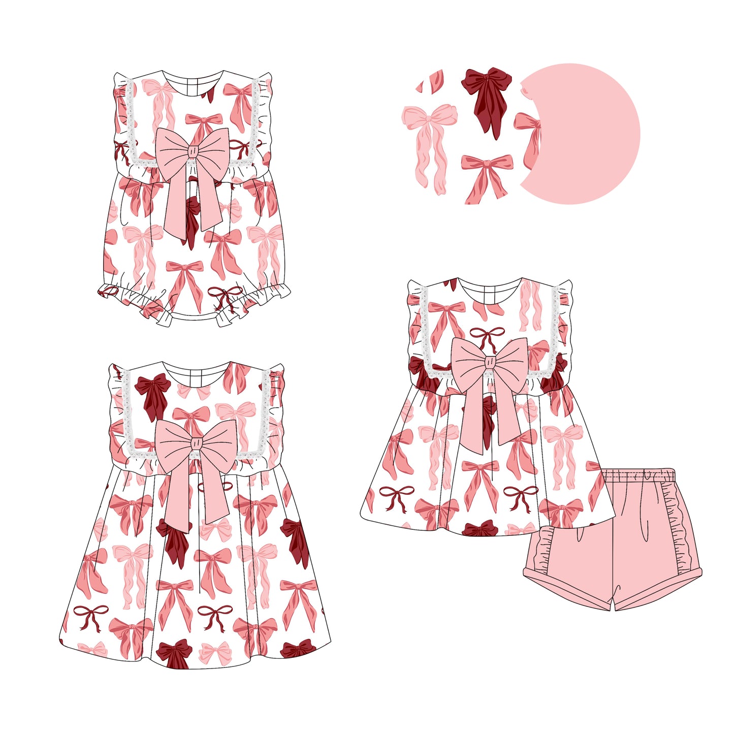 Preorder moq 5 Custom Baby Girls Peach Sleeveless Colorful Bows Tunic Ruffle Short Set Knee Length Dress Rompers