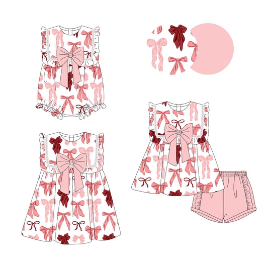 Preorder moq 5 Custom Baby Girls Peach Sleeveless Colorful Bows Tunic Ruffle Short Set Knee Length Dress Rompers