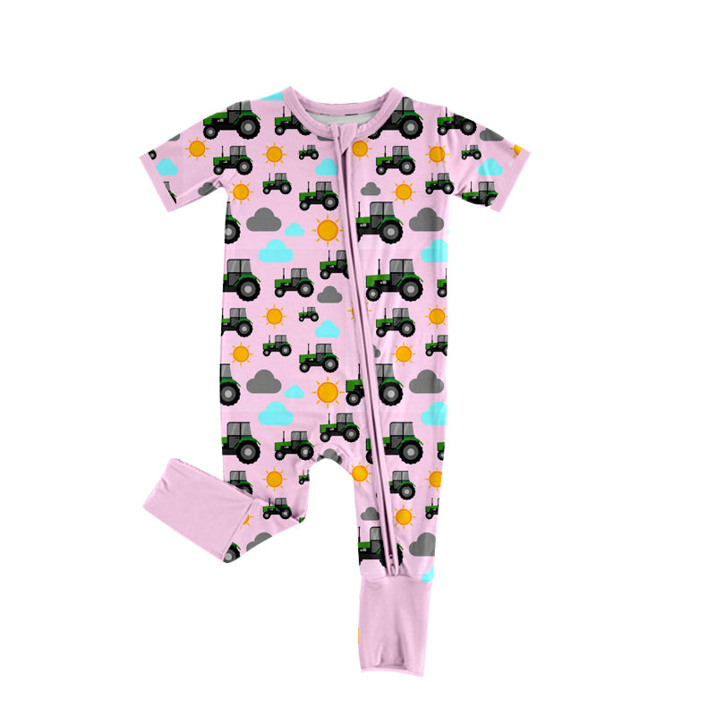 Baby Infant Girls Pink Farm Tractors Zip Rompers preorder(moq 5)