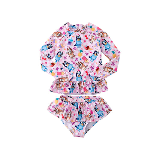 Preorder (moq 5)Baby Girls Pink Checkered Dogs Long Sleeve Bikini Two Pieces Swimsuits