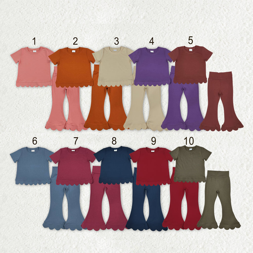Sibling Baby Girls Short Sleeve Colorful Top Bell Bottom Pant Scallop Clothes Sets