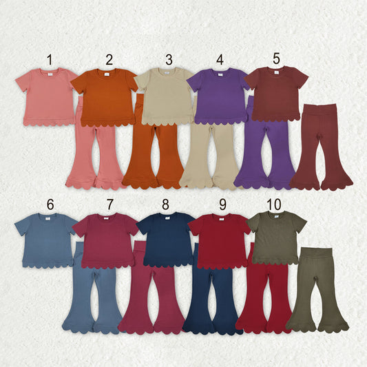 Sibling Baby Girls Short Sleeve Colorful Top Bell Bottom Pant Scallop Clothes Sets
