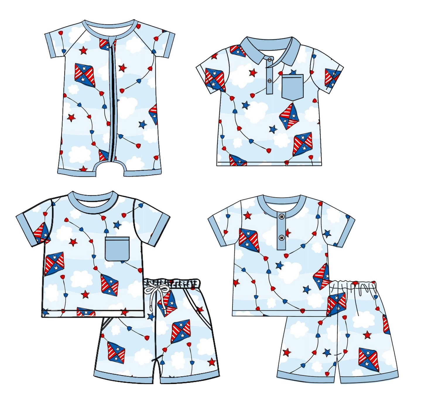 Preorder moq 5 Custom Baby Boys Light Blue Short Sleeves Stars Kites Top Short Pajamas 4th Of July Set Polo Shirts And Zipper Rompers