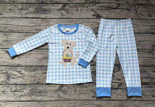 Baby Boys Blue Checkered Dog Easter Eggs Top Pants Pajamas Clothes Sets