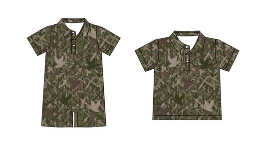 Preorder moq 5 Custom Baby Boys Short Sleeves Olive Ducks Camo Button Polo Shirts Top Rompers