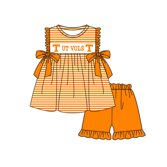 Preorder (moq 5)Baby Girls Orange T Ut Vols Stripe Bows Tunic Ruffle Shorts Team Clothes Sets