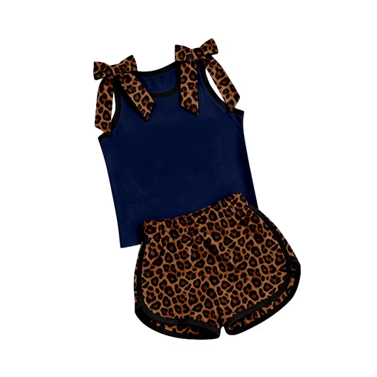 Preorder (moq 5)Baby Girls Navy Bows Shirts Leopard Shorts Clothes Sets