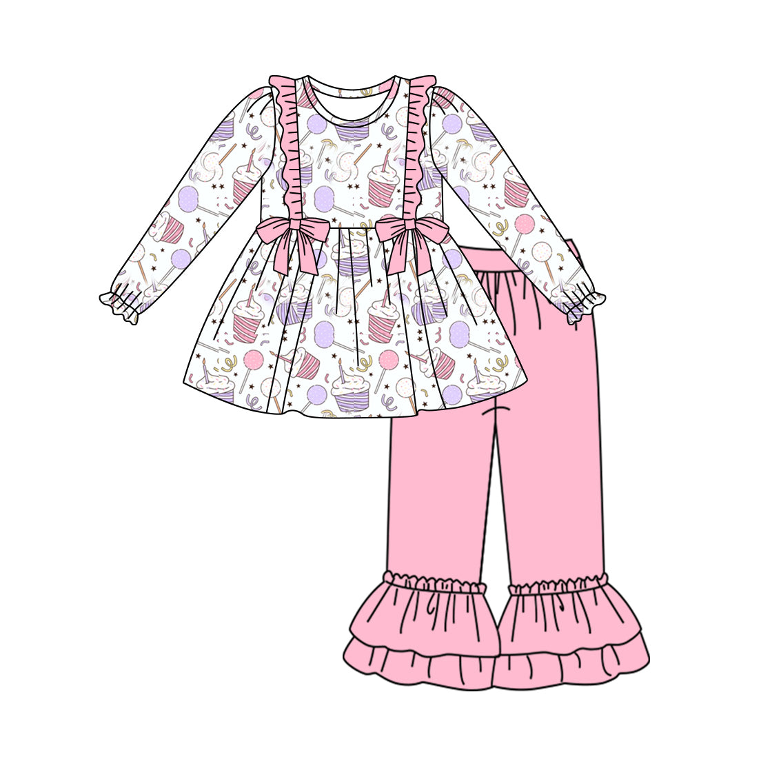 Baby Girls Birthday Cake Bow Tunic Top Ruffle Pants Clothes Sets Preorder(moq 5)