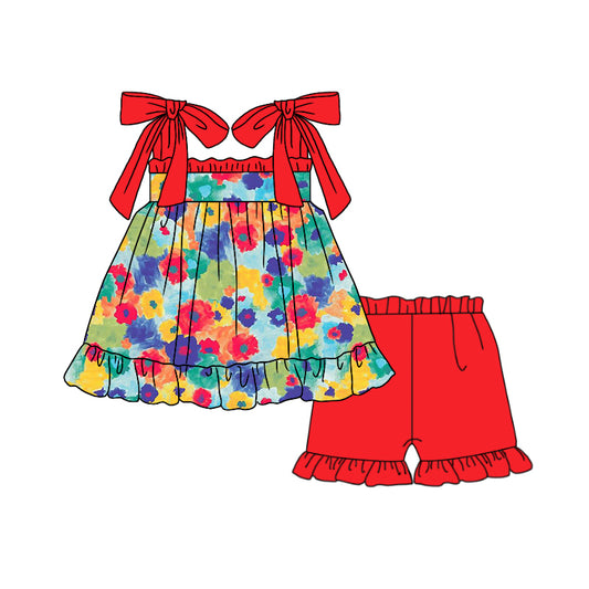 Baby Girls Colorful Flowers Straps Tunic Summer Ruffle Shorts Clothes Sets preorder (moq 5)