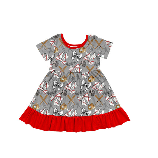 Preorder (moq 5)Baby Girls Baseball Bows Ruffles Knee Length Dresses