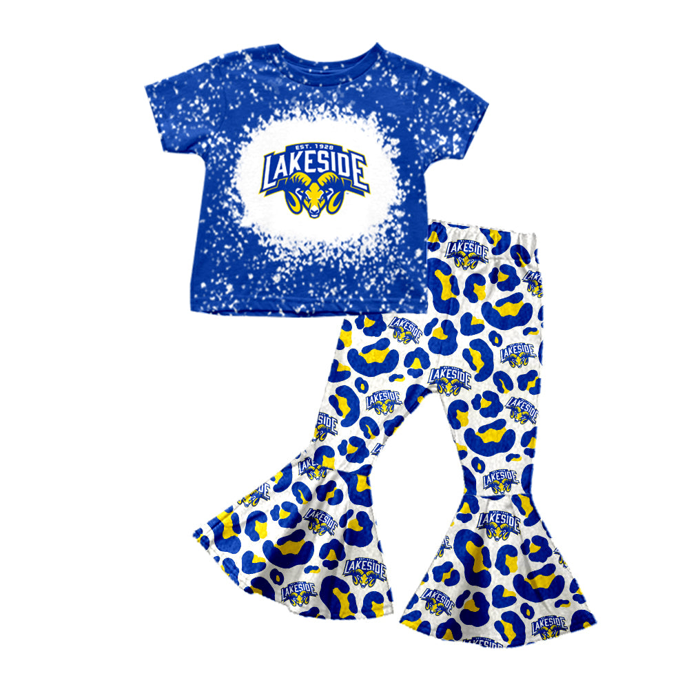 Preorder moq 5 Baby Girls Lakeside Team Shirt Top Leopard Bell Pants Clothes Sets