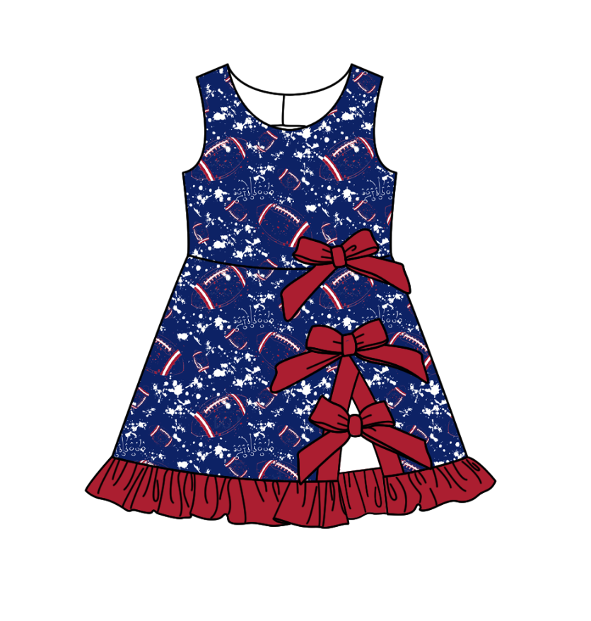 Preorder (moq 5)Baby Girls Tie-dye Footballs Print Team Bows Shorts Knee Length Dress