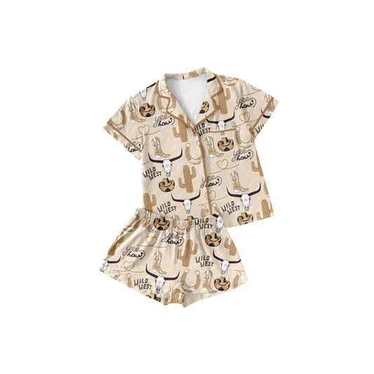 Preorder (moq 5)Baby Girls Western Wild Cow Buttons Shirt Shorts Pajamas Clothes Sets
