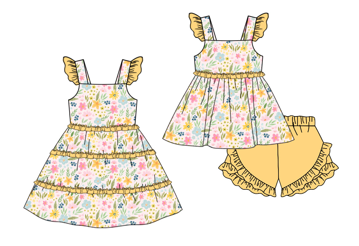 Preorder(moq 5 each) Baby Girls Yellow Flowers Ruffles Summer Dress Shorts Sets