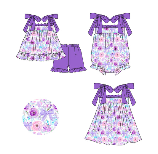 Preorder(moq 5 each)Sibling Baby Girls Purple Flowers Bows Straps Romper Dress Shorts Sets