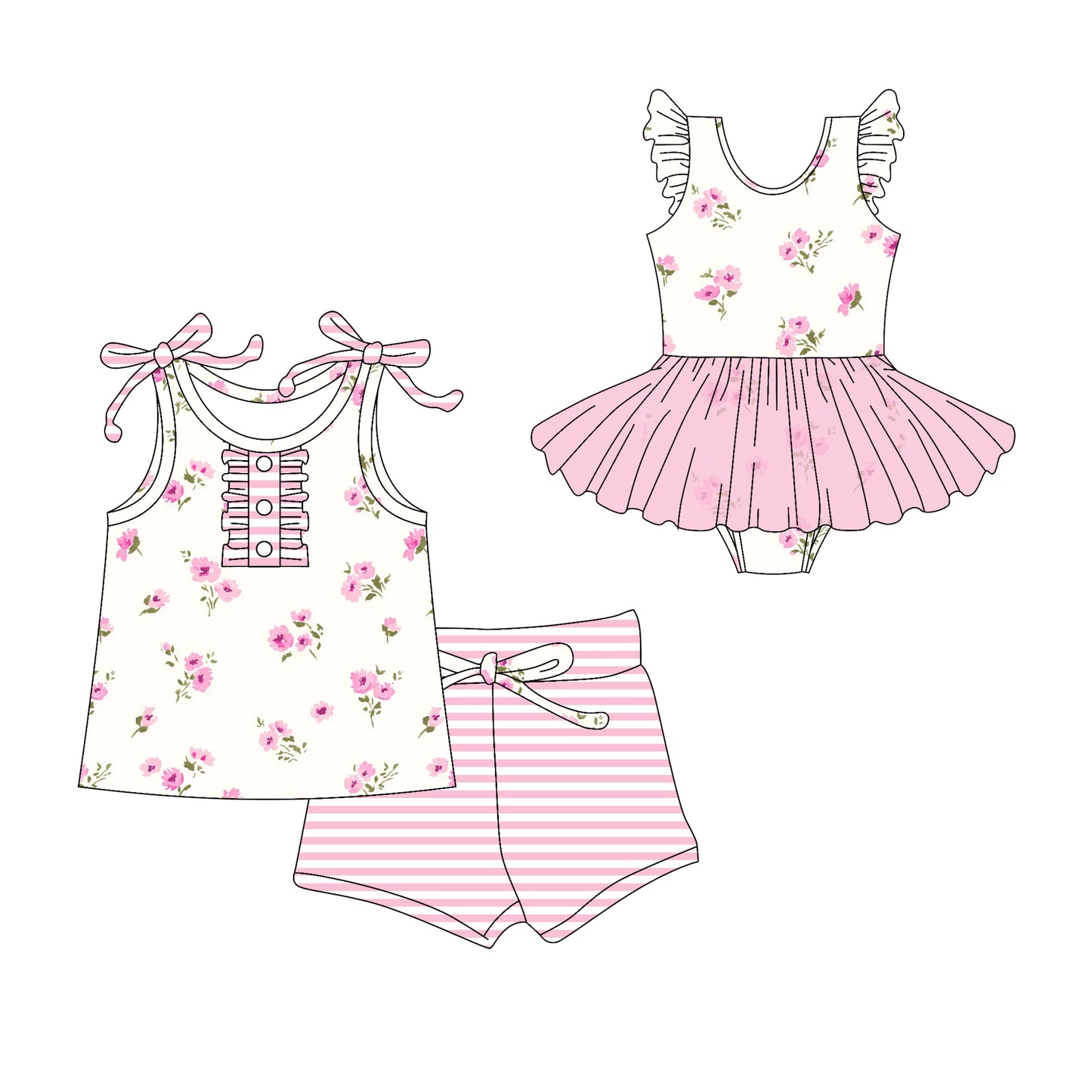 Preorder moq 5 Custom Baby Girls Pink Strap Floral Button Top Stripe Short Set Skort Bummise Romper