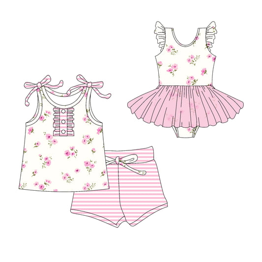 Preorder moq 5 Custom Baby Girls Pink Strap Floral Button Top Stripe Short Set Skort Bummise Romper