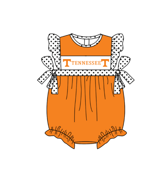 Preorder (moq 5)Baby Girls Polka Dots Flutter Sleeve Tennessee Team Ruffle Rompers