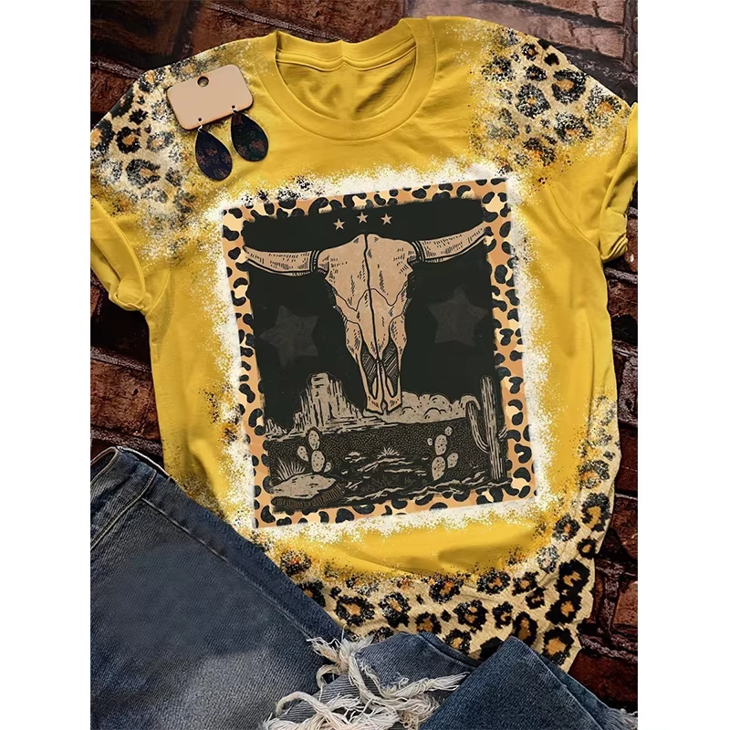 Preorder moq 5 Adult Women Western Cow Cactus Bleached Tee Shirts Tops