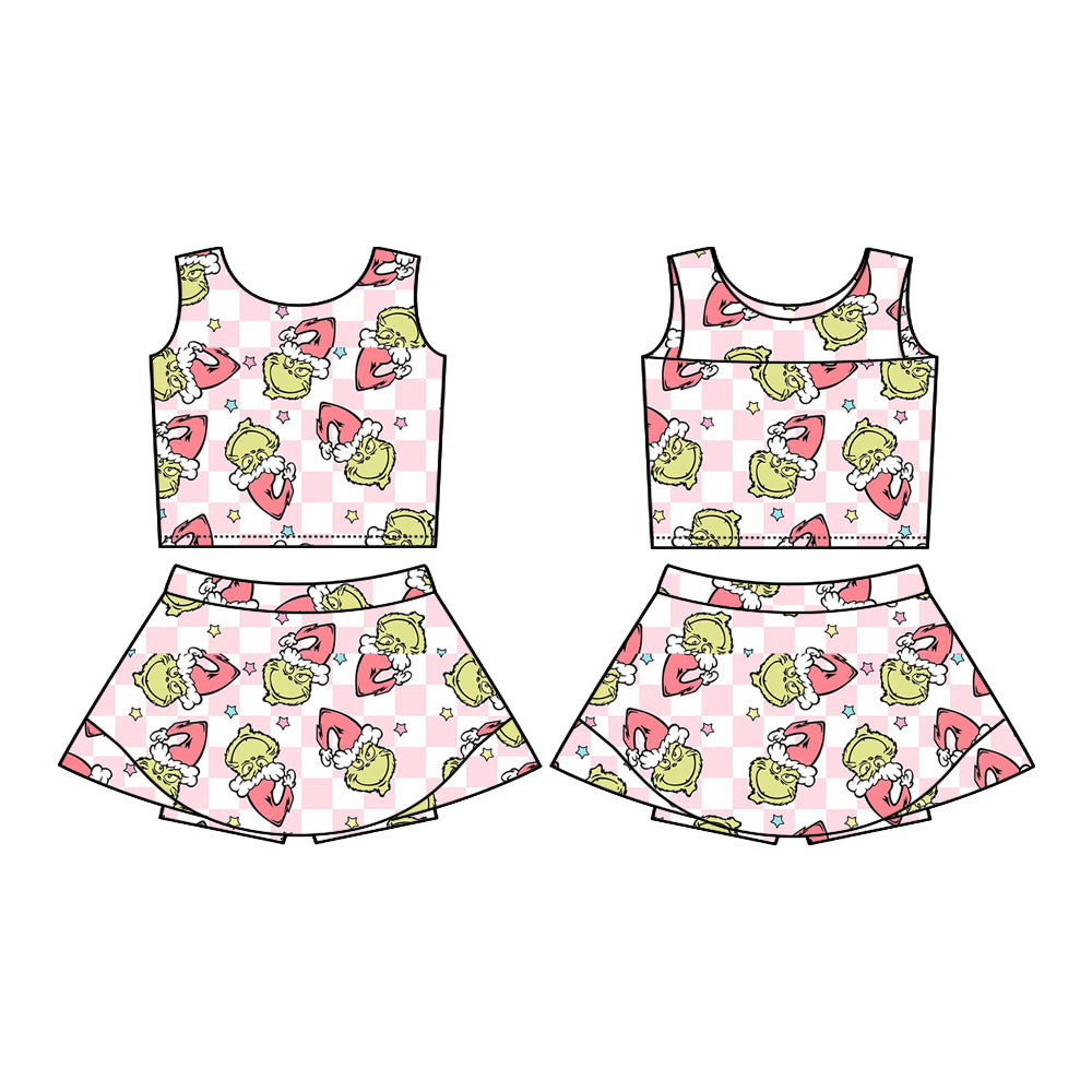Preorder (moq 5)Baby Girls Sleeveless Green Faces Plaid Vest Top Skorts Set