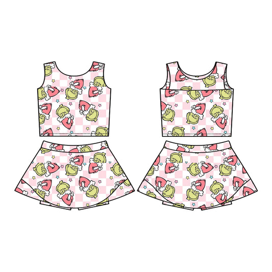 Preorder (moq 5)Baby Girls Sleeveless Green Faces Plaid Vest Top Skorts Set