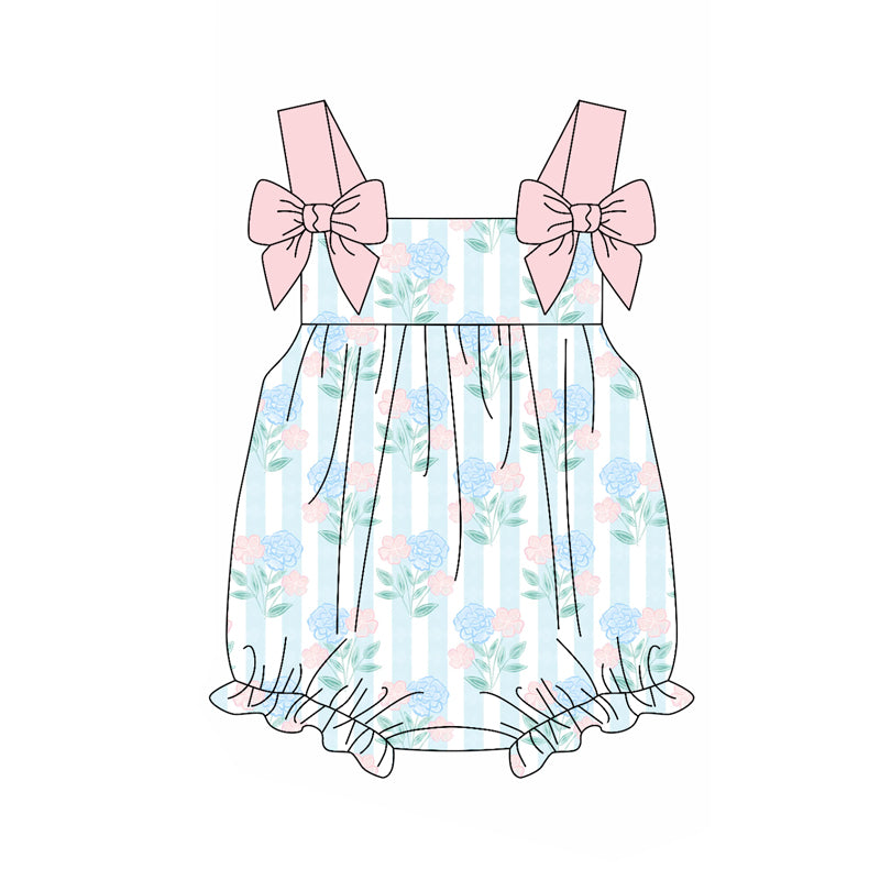 Preorder(moq 5)Baby Infant Girls Blue Stripes Flowers Straps Summer Rompers