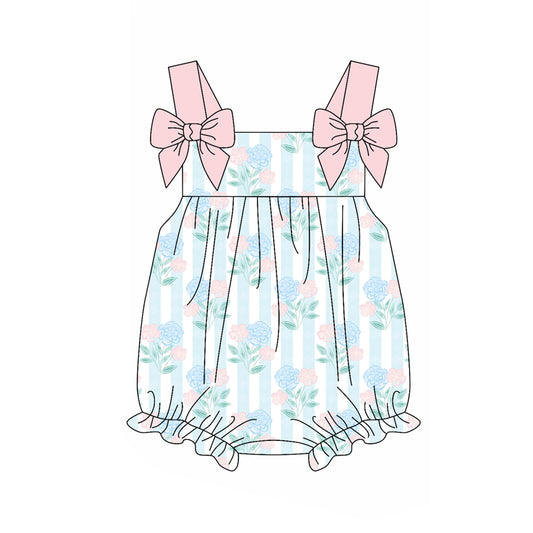 Preorder(moq 5)Baby Infant Girls Blue Stripes Flowers Straps Summer Rompers