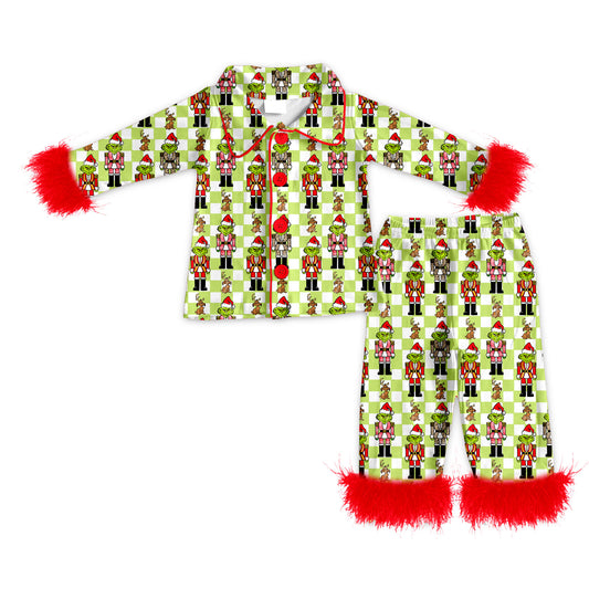 Preorder (moq 5)Baby Girls Green Faces Soldiers Checked Button Top Pants Christmas Fur Pajamas Set
