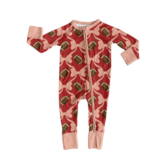 Preorder (moq 5)Baby Girls Long Sleeve Bows Footballs Checked Team Zipper Footie Rompers
