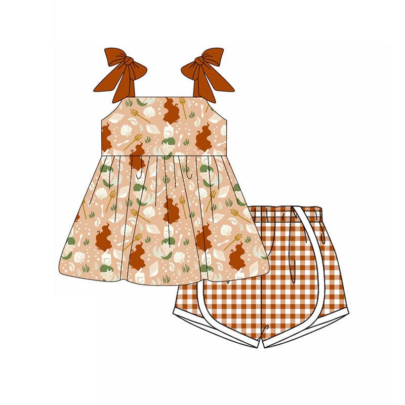 Preorder moq 5 Baby Girls Brown Strap Horse Rodeo Tunic Plaid Short Set