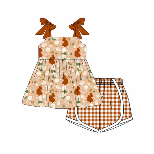 Preorder moq 5 Baby Girls Brown Strap Horse Rodeo Tunic Plaid Short Set