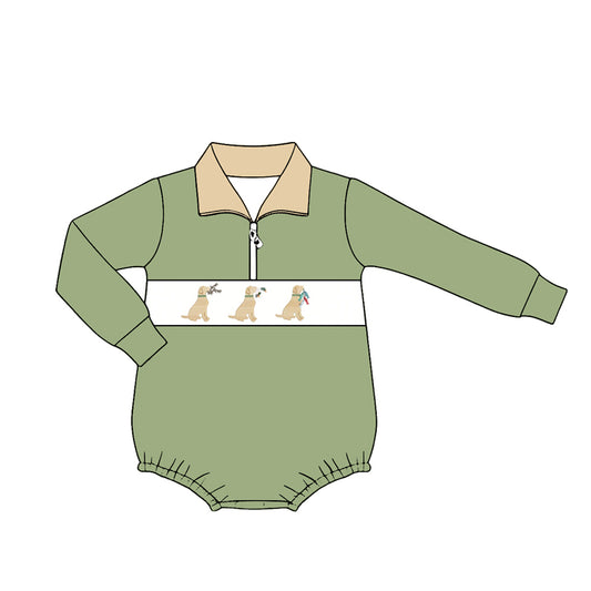 Preorder (moq 5)Baby Boys Green Long Sleeve Dogs Ducks Hunting Zip Rompers