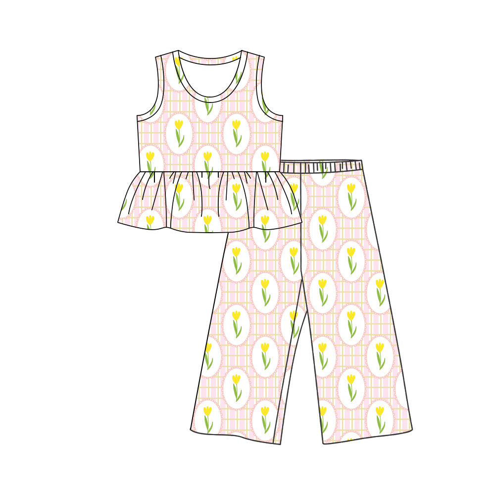 Preorder (moq 5)Baby Girls Pink Checked Flowers Tunic Flare Pant Clothes Sets