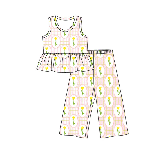 Preorder (moq 5)Baby Girls Pink Checked Flowers Tunic Flare Pant Clothes Sets